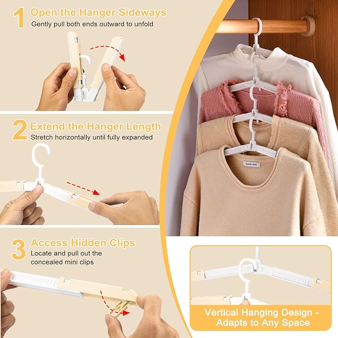 Foldable Travel Hangers for Cruise, 6 Pack Portable Collapsible Hangers with Clips, Folding & Space-Saving Suitcase Hangers for Travel, (Beige-White)