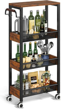 4 Tier Slim Rolling Cart with Wheels for Kitchen, Utility Narrow Storage Cart with Wood Top& Wood Handle for Small Space, Skinny Metal Organization Trolley Laundry Slim Storage Cart 7.9"