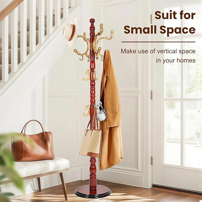 Freestanding Coat Rack with 12 Hooks, Sturdy Wooden Hall Tree for Entryway, Heavy-Duty Disc Base,for Hanging Hats, Jackets, Bags, Easy Assembly for Bedroom, Hallway, Office