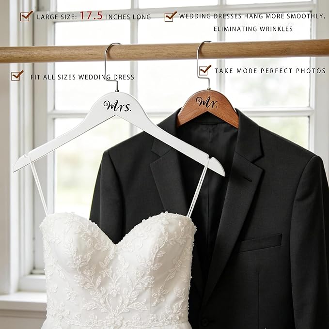 Mr. and Mrs. Wooden Bride Hanger, Wedding Dress Hangers, Set of 2 (White + Vintage)