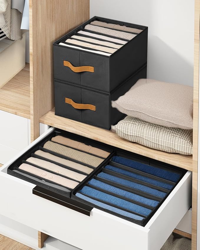 DIMJ Large Wardrobe Clothes Organizers - Foldable Closet Clothing Organizer for Jean Sweater Shirt Pants Underwear Bra, Divided Clothes Storage, Grey Closet Shelf Organizer Boxes