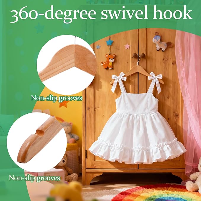 10 Pack Kids Wooden Hangers, Solid Wood Children Hanger with Notches, Baby Clothes Hanger with 360° Swivel Hook, Heavy Duty Toddler Coat Shirt Hanger for Closet, Natural Wood