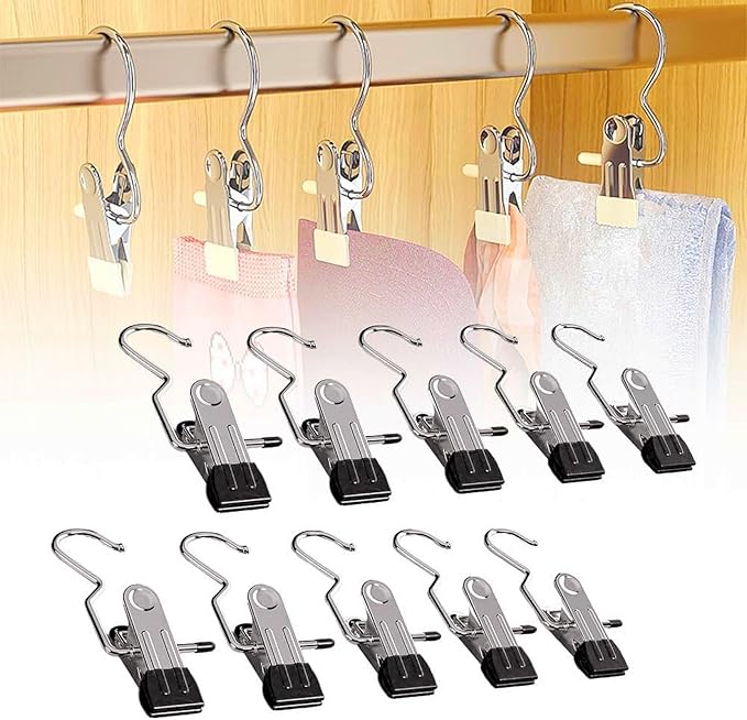 2024 New Space-Saving Clothespin Hat Pants Storage Hanging Travel Hook, 360° Swivel Stainless Steel Hangers with Clips, Laundry Hooks Hanging Clips Clothes Pins Socks Towel Clips (A-Black 10PCS)