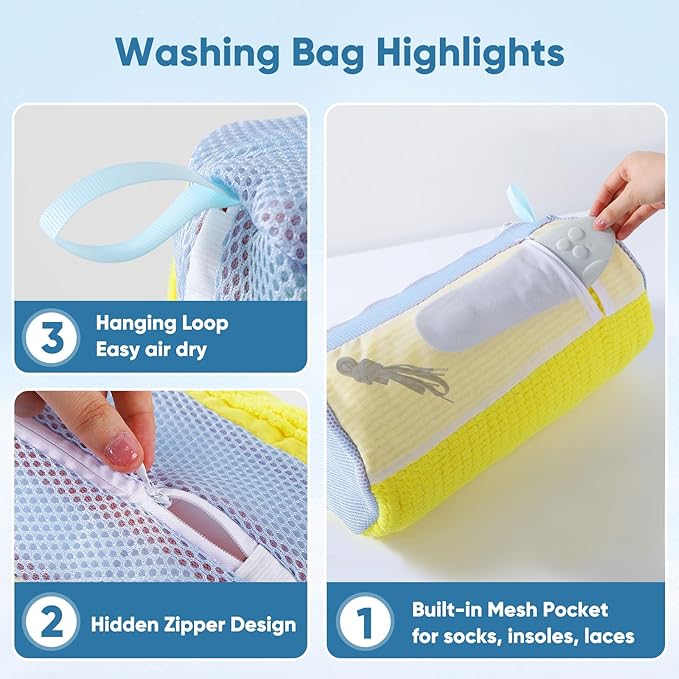 Shoe Washing Machine Bag 2Pack - Reusable Shoe Laundry Bag with Mesh Socks Insoles Washing Bag - 360°Deep Protective XXL Cleaning Bags for Sneakers Delicate Footwear - Home Travel Essentials, Yellow