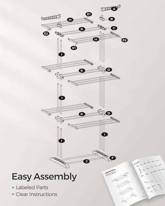 SONGMICS Clothes Drying Rack Stand 4-Tier, Foldable Laundry Drying Rack 68.1-Inch Tall, Steel, Rolling Clothes Horses Dryer Rack, Easy to Assemble, Indoor Outdoor Use, Dove Gray ULLR701G01