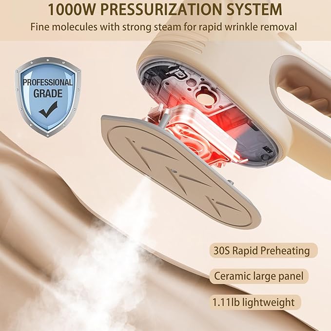 Travel Steamer for Clothes, 1000W Booster System Portable Handheld Clothing Steamer, 1.11 Pounds Ceramic Large Panel Steam Iron Suitable for Home, Travel & Dormitory Use (Beige)