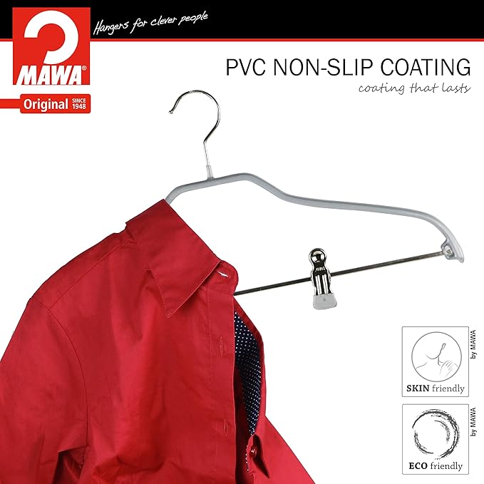 Mawa by Reston Lloyd Silhouette Series Non Slip Space Saving Hanger with Pant Clips, Style 40/FK,Set of 70, Silver