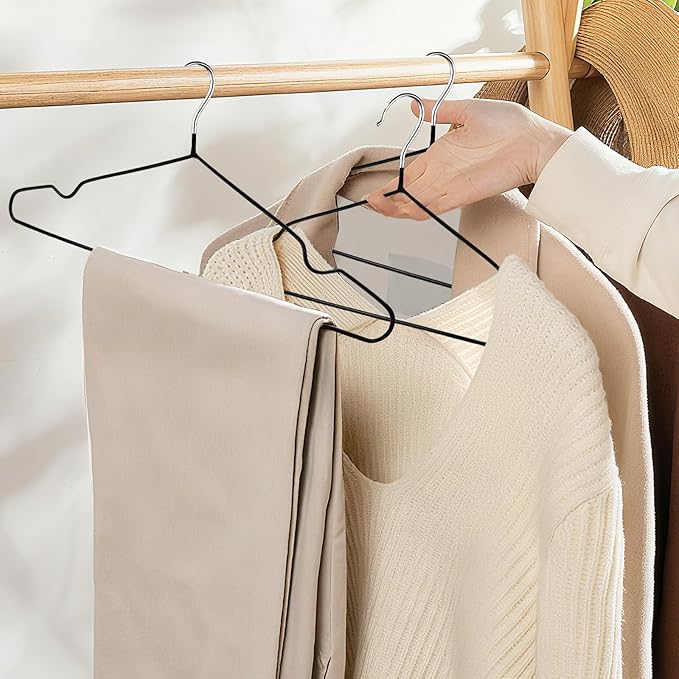 50 Pack 15" Non-Slip Metal Hangers, Wire Rubber Coated Hangers with Round Notches, Heavy Duty Space Saving Hanger for Pants, Strap Dress, Shirt, Camisole Black