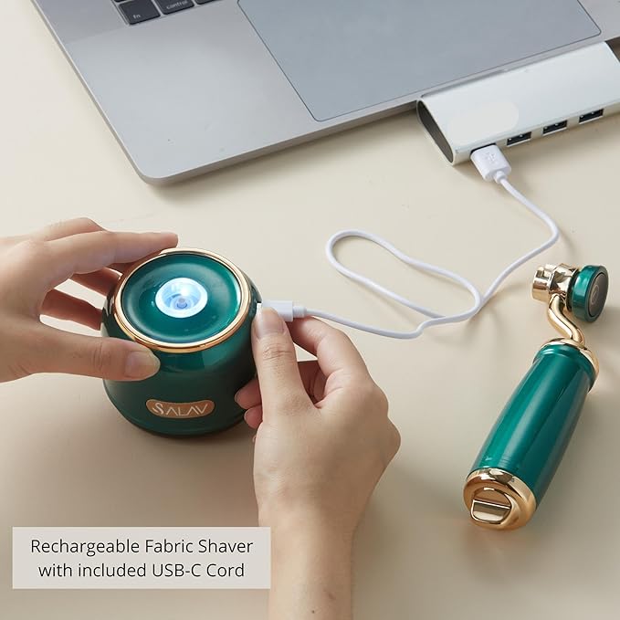 SALAV® Retro Edition Rechargeable Fabric Shaver and Lint Roller with 6-Blade System Removes Fuzz and Piling on Fabrics, with Charging Cable and Mini Brush (Emerald)