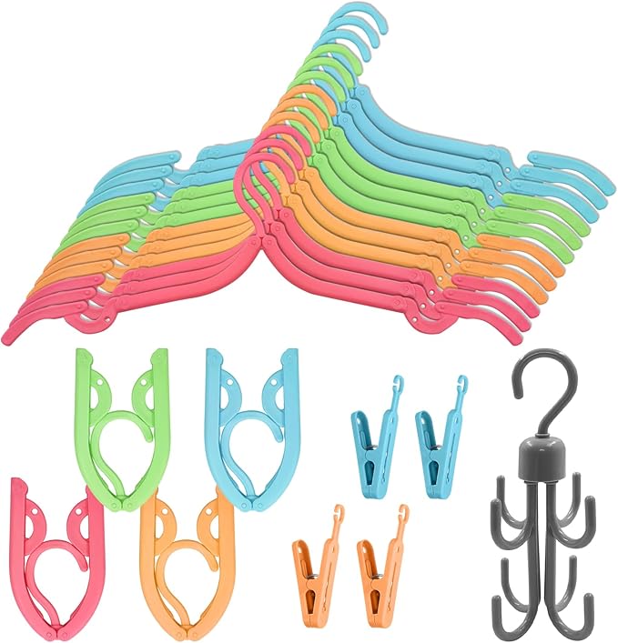 Daily Treasures 12 Pack Premium Travel Hangers with 4 Clips & 1 Rotating Rack, Anti-Slip Foldable Hangers for Traveling Portable for Travel Accesories Home Foldable Clothes Drying Rack