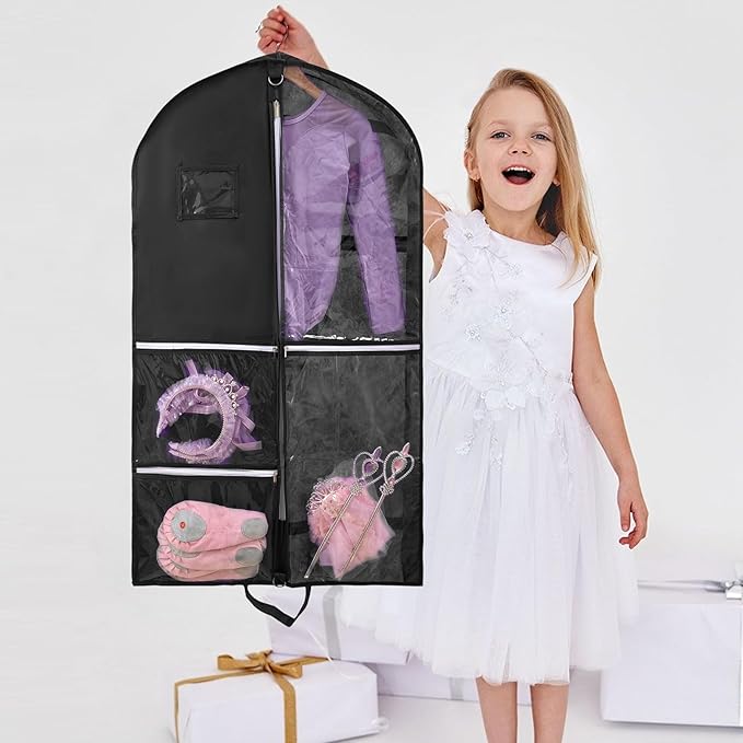 Dance Costume Bag, Garment Bags 40 Inch for Dance Competitions, Garment Bags for Travel, Portable Foldable Dust-Proof Storage Bags for Coats,5 Clear Zipper Pockets,suitable to Gowns,Dresses(black)
