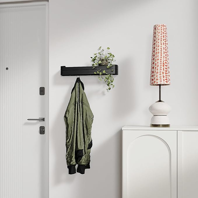 Wall Coat Rack with Floating Shelf – Modern Design in Black Metal – Coat Rack Entrance, Hallway, Bathroom or Bedroom – Bathroom Wall Shelf without Drilling or Screwing – Kitchen Wall Shelves
