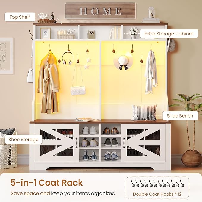 Itaar Hall Tree with Bench and Shoe Storage, 5-in-1 Entryway Bench with Coat Rack, 16 Shoe Cubbies & 12 Coat Hooks, Barn Door & Adjustable Shelf (White)