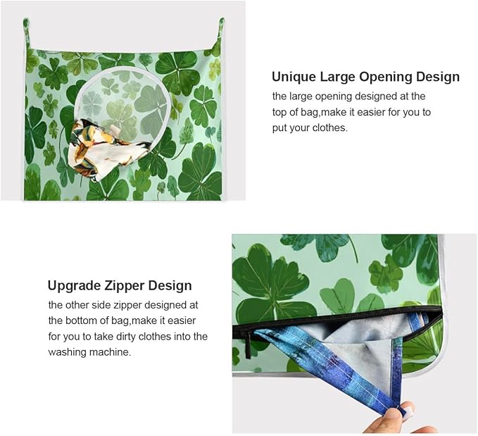 Green St Patrick Clovers Hanging Laundry Hamper Door Hampers Bag Basket with Stainless Steel Hooks Oxford Fabric Printing Decorative Clothes Bags 29.5X20inch 2Pack