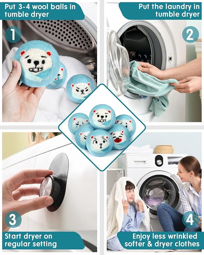Wool Dryer Balls - Dryer Balls Laundry Reusable - 6-Pack XL Poly Bear Wool Balls for Dryer - Reusable Fabric Softener Ball - Laundry Wool Dryer Balls with Felt Dryer Ball Holder Storage