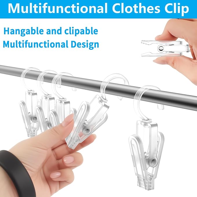 VinBee 20 PCS Laundry Hooks with Clips Super Strong Plastic Home Travel Swivel Hanging Hanger Closet Organizer Clamps Socks Boot Bras Towels for Bathroom Wardrobe Kitchen Office - 4.3 Inches (Clear)