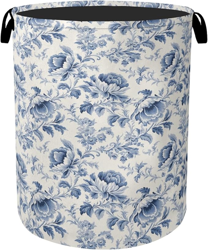 Beige Navy Blue Floral Laundry Basket with Handles - Extra Large Foldable Hamper for Bathroom/Laundry/Bedroom/Dorm, Washable Fabric Storage Bin