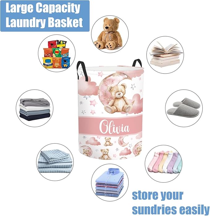 Personalized Name Baby Laundry Hamper for Nursery Boys Girl, Custom Bear Laundry Baskets for Toddler Kids Adults, Baby Name Laundry Hamper with Handles Personalized Gift