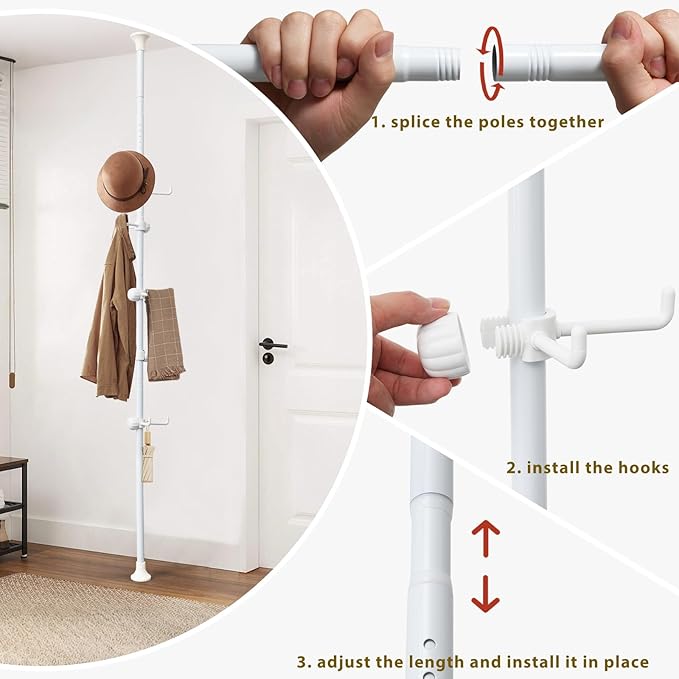Coat Rack Freestanding,Adjustable 56-125 inch Tension Rod Tree 12 Hooks Hanger Stand for Coat Hat Bedroom Livingroom Kitchen Bathroom Apartment Entryway Hall Office white