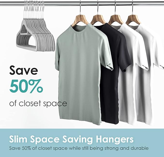Velvet Hangers Non Slip Felt Hangers, 50 Pack Grey Velvet Clothes Hangers Space Saving Slim with 360 Degree Swivel Hook for Suits Coats, Jackets, Pants, and Dress Clothes