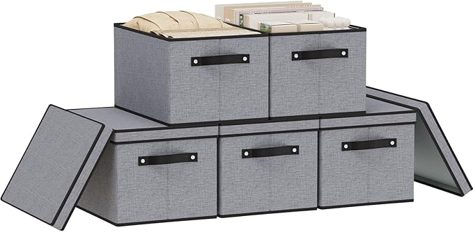 Storage Bins with Lids and Handles, Storage Boxes for Organizing Shelves, Decorative Linen Closet Organizers, Gray, 16.5 x 11.8 x 10.2 Inch, 5-Pack