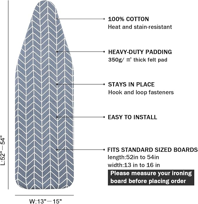 Ironing Board Cover and Pad Standard Size 15 x 54,3 Pairs of Hook and Loop Fastener Straps,Elastic Edges,Cotton Iron Board Cover with Scorch Resistant Thick Padding (Pattern H)