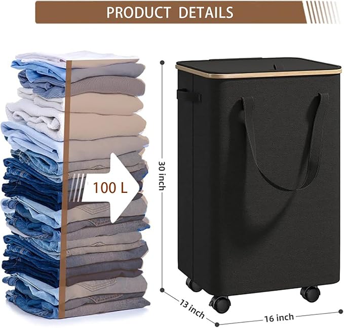 Large Laundry Basket with Wheels,100L Tall Laundry Hamper with Lid and Removable Liner Bag,Collapsible Dirty Clothes Hamper for Bathroom,Bedroom,Dorm & Laundry Room,Black