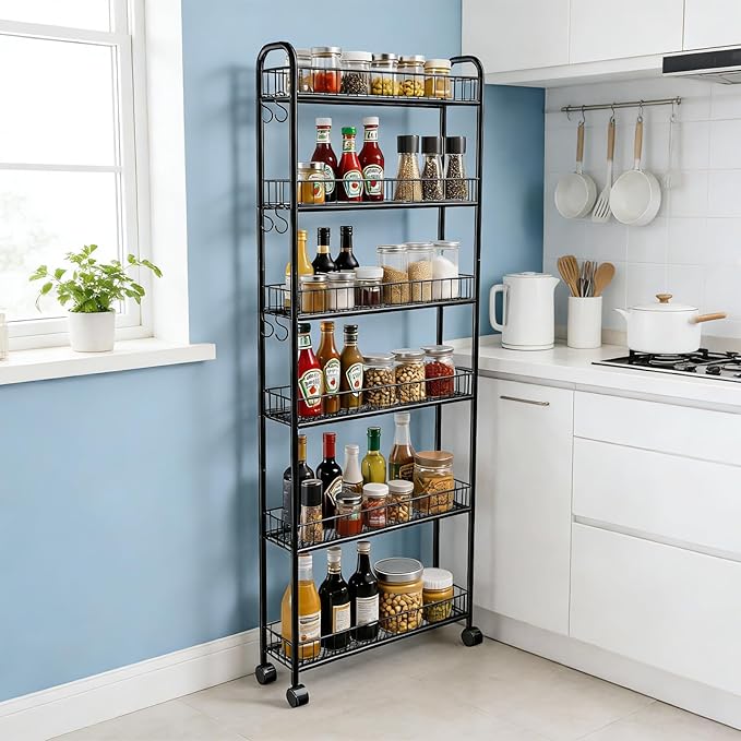6in 6 Tier Slim Storage Cart with Wheels, Black Narrow Space Rolling Shelving Unit with Handle, Metal Wire Mobile Organizer Rack for Kitchen Bathroom Office Laundry