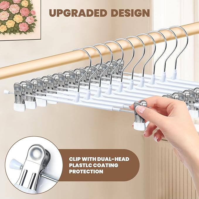 HUADYMEET 50 Pack 12Inch Pants Hangers with Clips,Metal Trouser Hanger for Jeans.Space Saving Skirt Hangers Heavy Duty Non-Slip Adjustable Clothes Shorts Hanger for Women,Men,White