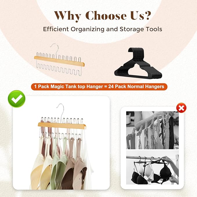 HOUSE DAY Closet Organizers and Storage, Tank Top Hangers, Rotatable Bra Organzier for Closet, Max 48 Storage Capacity Sport Bra Holder, Wood Space Saving Hanger 2 Pack - Dorm Room Essentials