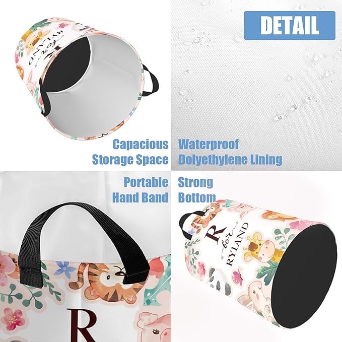 Custom Name Laundry Hamper Kids with Woodland Animals Print, Personalized Girl Laundry Basket for Nursery Bathroom, Customize Baby Name Laundry Baskets for Toddler Adults 2 Sizes