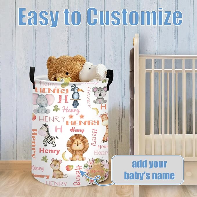 Custom Name Animals Laundry Baskets for Baby Boys Girls, Personalized Toddlers Storage Organizer for Kids Adults, Customize Hampers for Laundry Room Nursery Bathroom Bedroom Utility Room