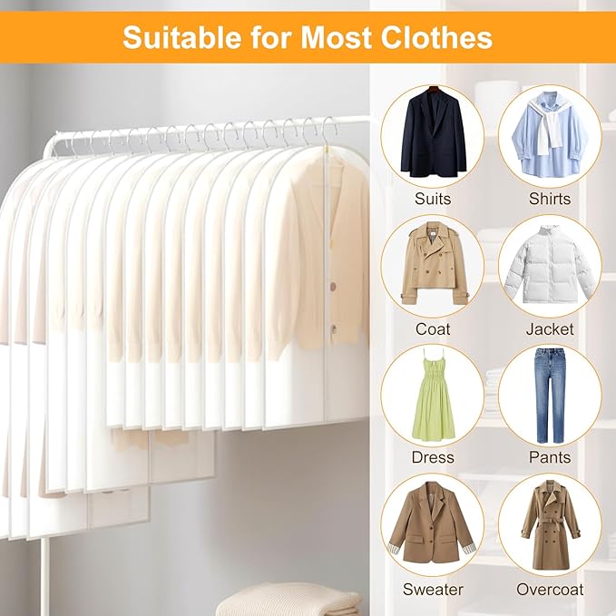 15 Pack Garment Bag with Zipper, Plastic Garment Bags for Hanging Clothes Dresses Clear Suit Cover Bags for Closet Storage Short Coats, Jackets, Shirts 24" x 40"/47"/55"