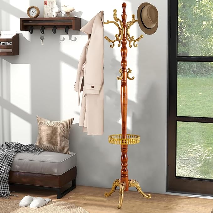 Coat Racks Freestanding, Natural Wood Coat Stands with 14 Hooks, 73" Heavy Duty Adjustable Height Vintage Hall Tree for Entryway, Bedroom, Office, Easy Assembly (Begonia Tray)