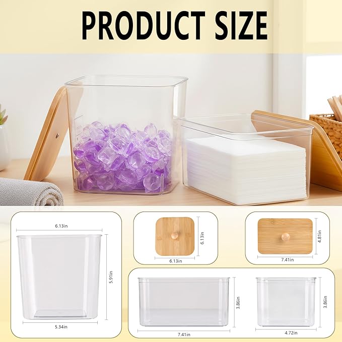 Laundry Storage Containers - Large Detergent Powder Storage with Wooden Lids & Labels, Laundry Pods Holder for Scent Booster, Powder & Pods, Laundry Room Organization 3+1 Pack