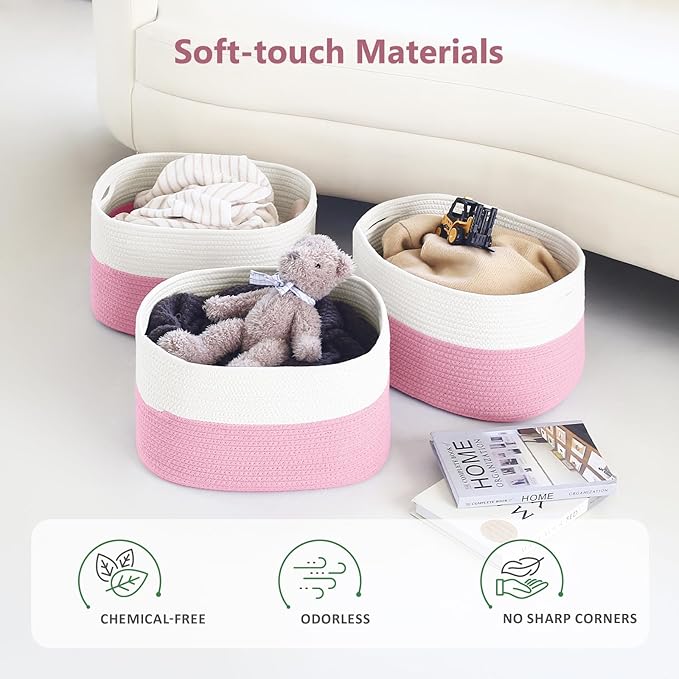 Cotton Rope Shelf Storage Basket, 15x10x9 in, Shelf Storage Baskets for Clothes, Towels, Books, Laundry (White/Pink, 2 Pack)