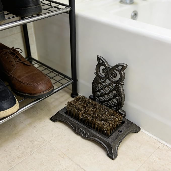 Cast Iron Shoe Brush Owl Shape 7.5 Inch Height Decorative Rust Brown Shoe Scraper and Cleaner for Entryway, Home, Patio HC8298