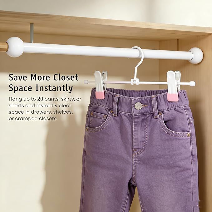 Metal Wire Clips Pants Baby Children Bottom Clothes Hangers, 20 Pack Baby Toddler Infant Newborn Kids Heavy Duty Trousers with Adjustable Clips, 11.8" Space Saving for Legging Garment Jeans (Pink)