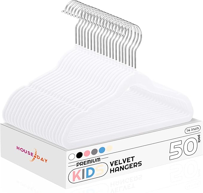 HOUSE DAY 14 Inch Kids Velvet Hangers 50 Pack, Durable Big Kids Hangers for Youth,Teen, Non Slip Kid Felt Hanger, Cute Childrens Hanger for Closet, White