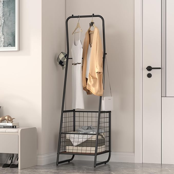 VECELO Metal Coat Rack Stand with Anti-Drop Design, Space Saving Hall Trees with Steel Basket,Small Garment Organizer with 2 Handy Cloth Rails and Slipper Space, Rectangle, Rustic Brown