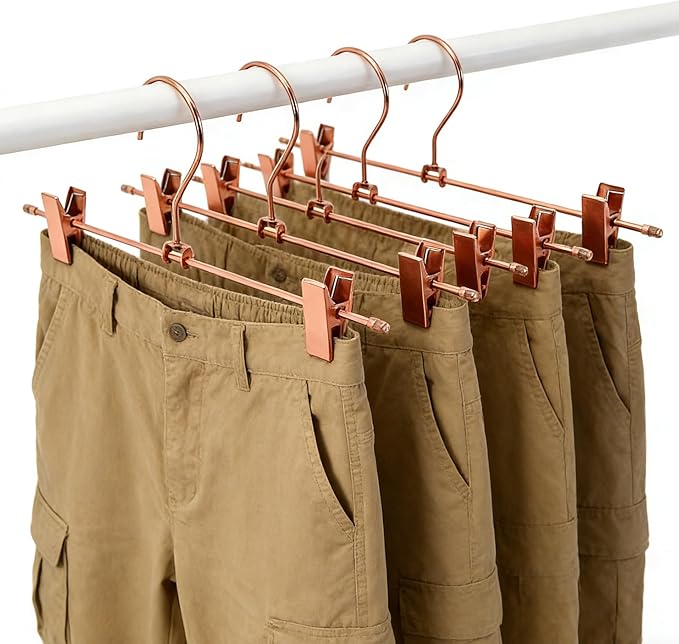 13.8" Rose Gold Pants Clothes Hangers, 10 Pack Trouser Hangers with Clips Metal Trouser Clip Hangers,Heavy Duty Metal Wire Adjustable Clips Bottom Trousers Legging Organizer
