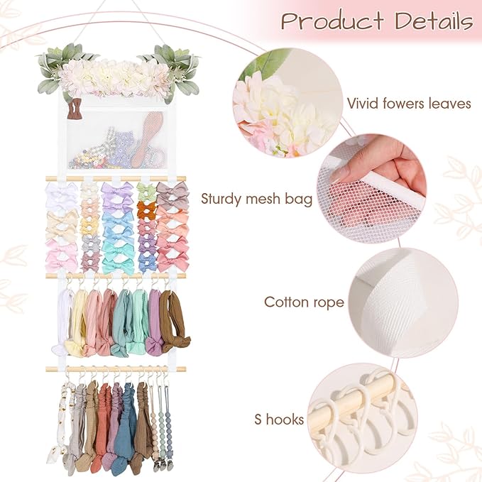 POVETIRE Headband Holder Hair Bows Organizer for Girls, Hair Accessories Display Storage Wall Hanging Decor for Baby Nursery Toddler Baby Room Base
