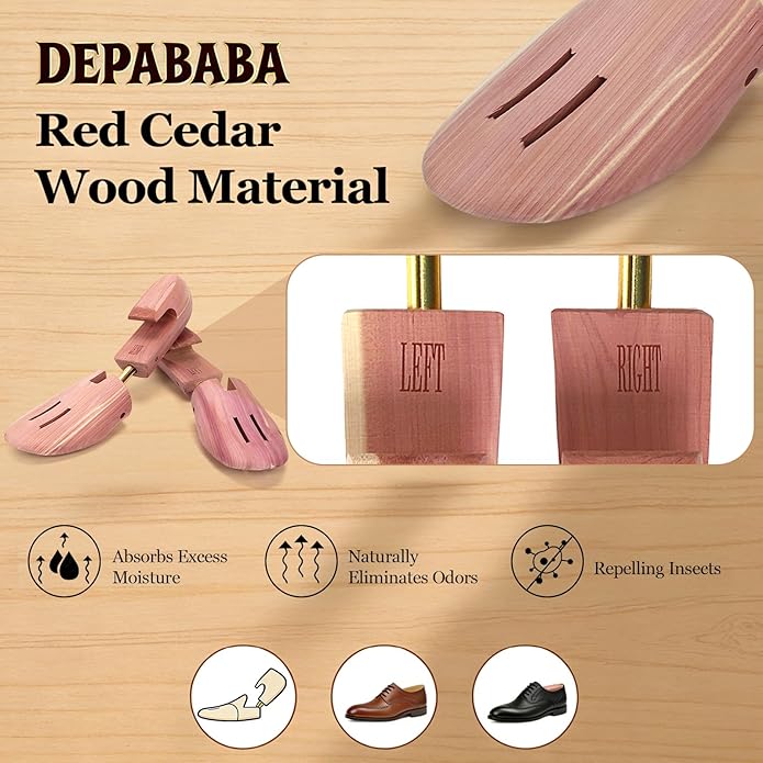 Cedar Shoe Trees for Men, Adjustable Wood Shoe Tree with Twin Tube, 7–14 Size Shoe Accessories for Sneakers, Boots