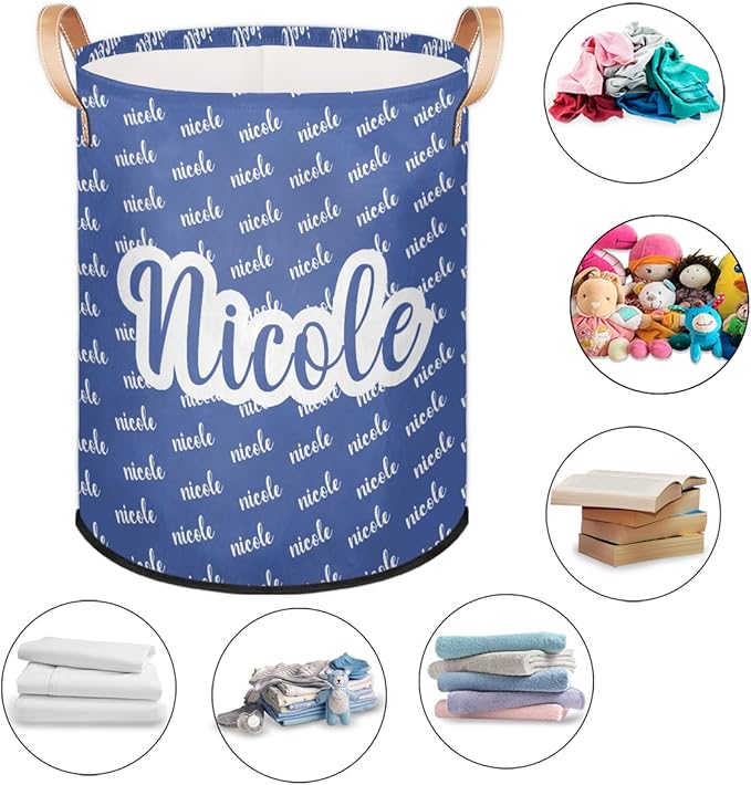 Custom Name Laundry-Hamper, Personalized Blue Kids-Clothes-Hamper Foldable with Name, Customized Storage Basket with Handles Waterproof Gift for Boys Girls Baby Women