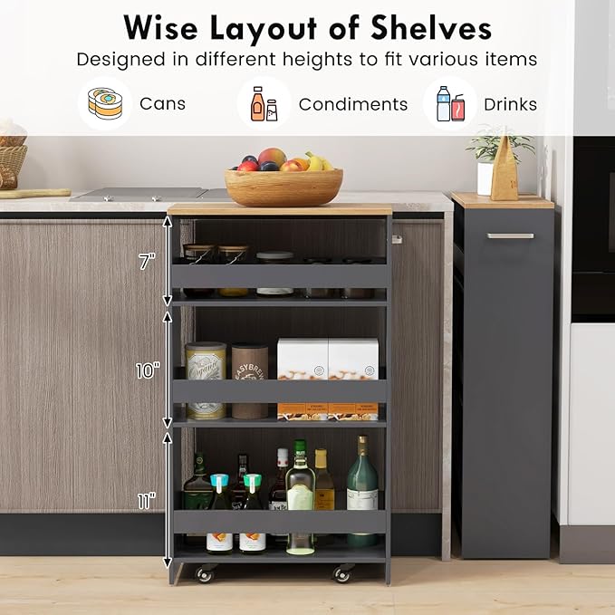 LOKO 4-Tier Rolling Storage Cart, 8 Inches Slim Kitchen Cart on Wheels with Open Shelves & Handle, Laundry Room Cart Between Washer and Dryer, for Narrow Space Bathroom Next to Fridge (Grey & Natural)