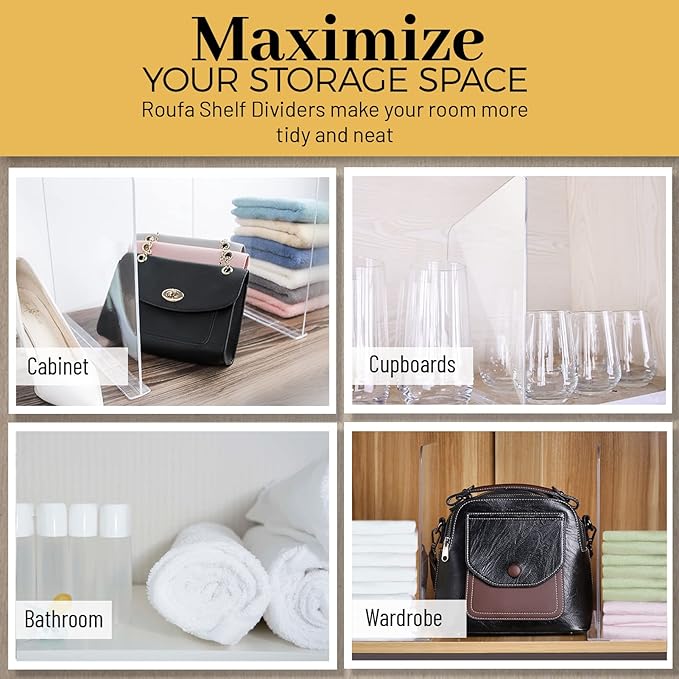 ROUFA Clear Acrylic Shelf Dividers, 8Pcs Closet Dividers Fit for Any Thickness of Shelves, Multi-Purpose Wood Shelf Separators for Bedroom, Kitchen, Office, Bathroom, 11.8''x11''