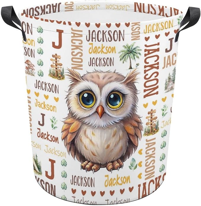 Owl Laundry Basket,Custom Laundry Hamper with Name,Personalized Owl Gifts for Boys Girls,Customize Collapsible Laundry Basket for Bedroom Bathroom,S-16.5"x 13.8"