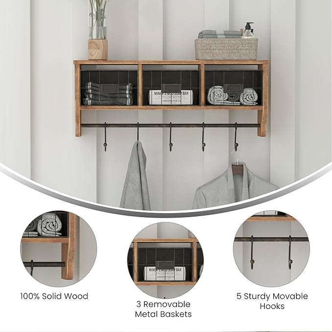 Flash Furniture Daly Wall Mounted Storage Rack - Rustic Brown Solid Pine Wood - 24 Inch - Upper Shelf - 5 Hooks - Wire Baskets - For Entryway, Kitchen, Bathroom