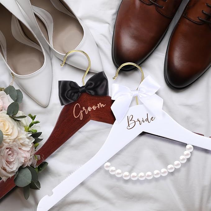 2 Pcs Bride Hanger for Wedding Dress Bride and Groom Wooden Wedding Dress Hanger Set with Bow Tie for Tuxedo Suit Gift Bridal Party Shower