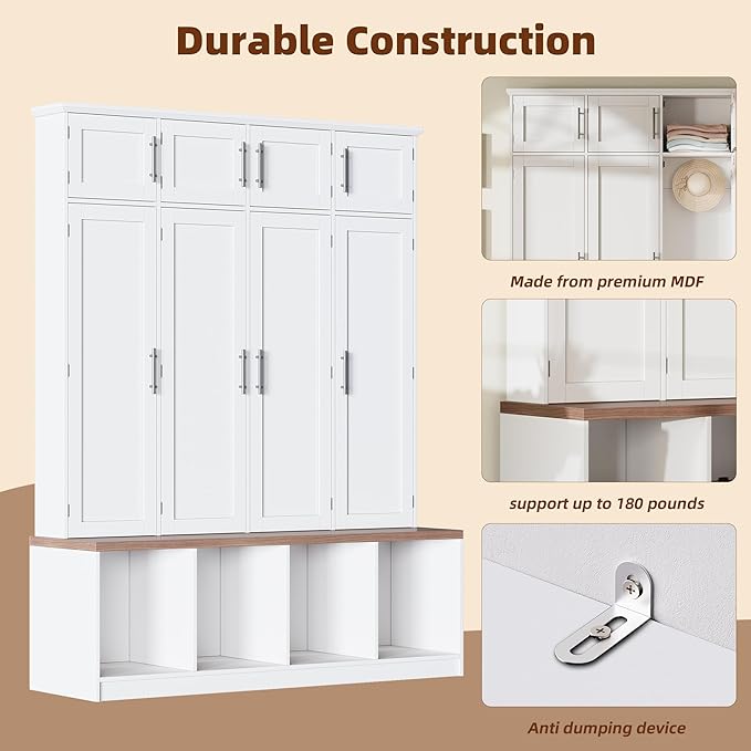 75" H Farmhouse Hall Tree with Storage, Versatile 4-in-1 Coat Hanger with 4 Hidden Hanging Hooks, 8 Doors, Entryway Shoe Cabinet with Open Compartments for Living Room